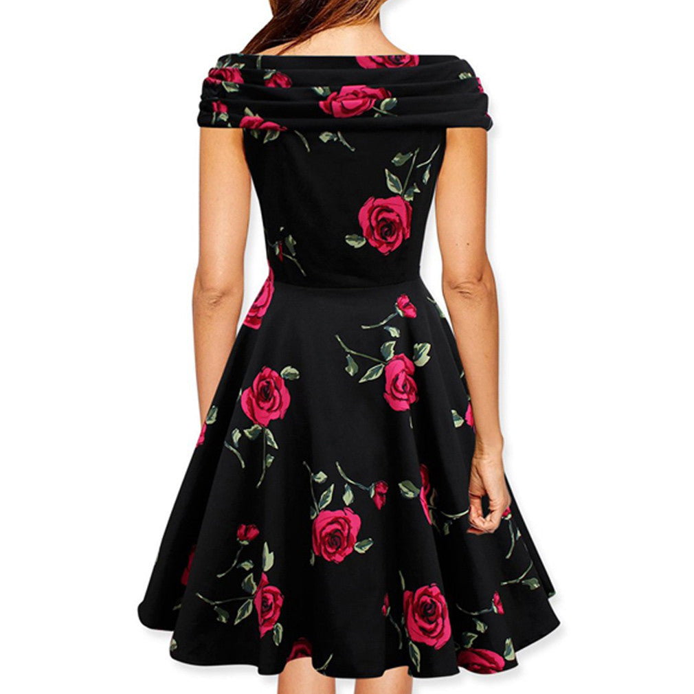 Elegant Rose floral Print Retro Dress Plus Size Party Female Vestidos - Sins & Temptations