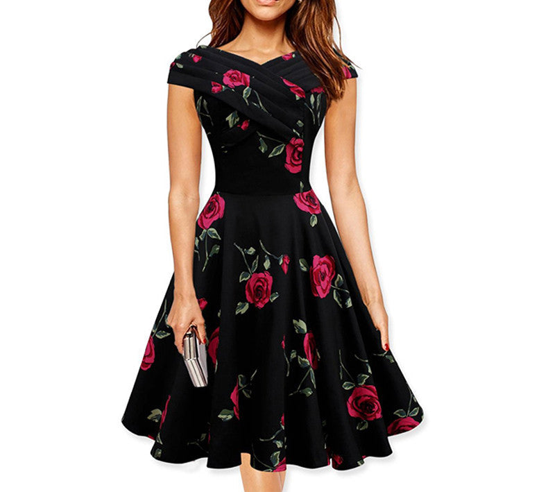 Elegant Rose floral Print Retro Dress Plus Size Party Female Vestidos - Sins & Temptations