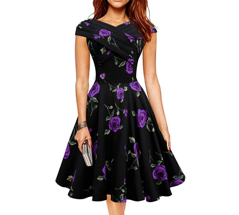 Elegant Rose floral Print Retro Dress Plus Size Party Female Vestidos - Sins & Temptations