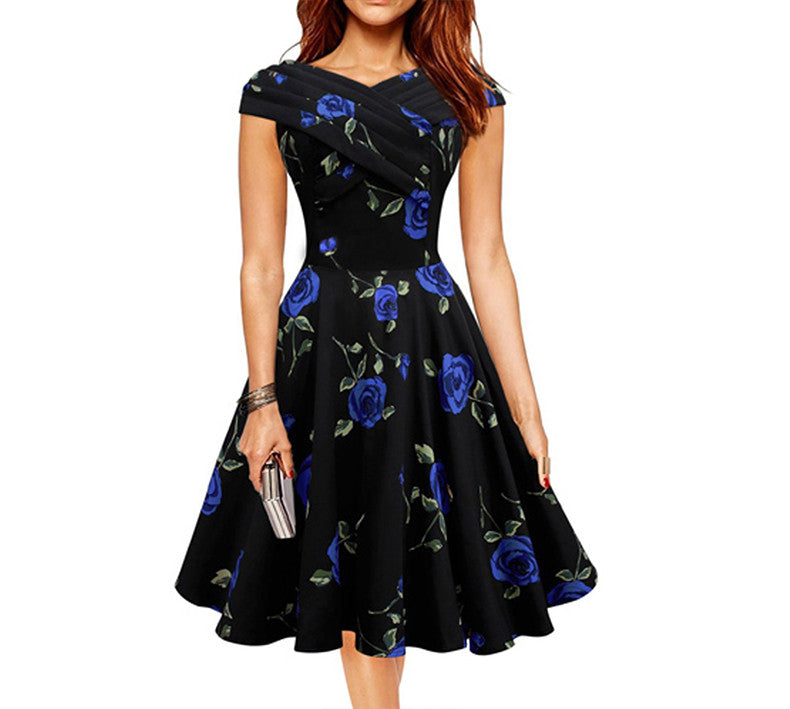 Elegant Rose floral Print Retro Dress Plus Size Party Female Vestidos - Sins & Temptations