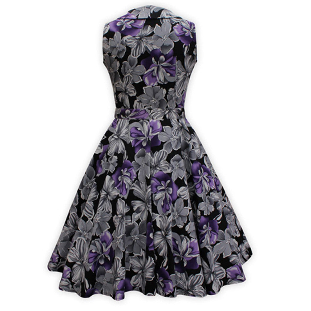Rose Floral Print Swing Feminine Vestidos Party Audrey Dress With Belt - Sins & Temptations