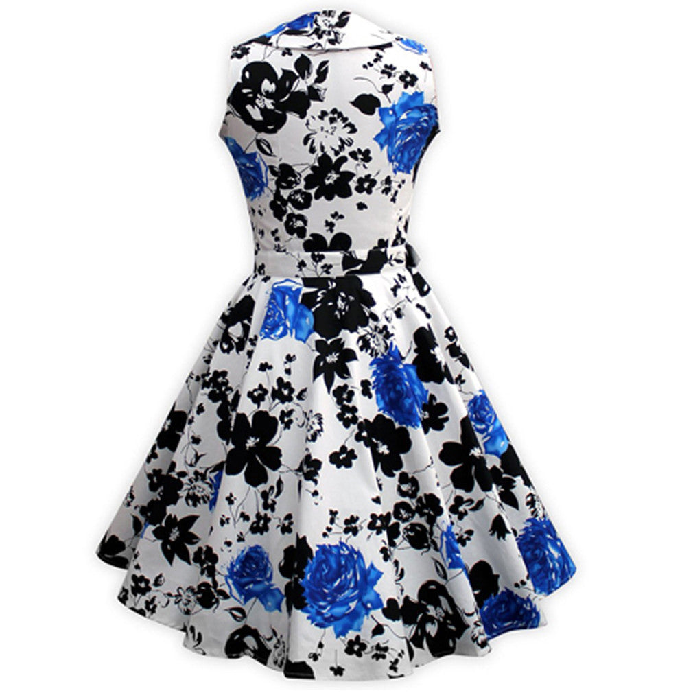 Rose Floral Print Swing Feminine Vestidos Party Audrey Dress With Belt - Sins & Temptations