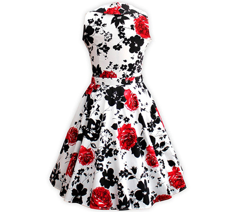 Rose Floral Print Swing Feminine Vestidos Party Audrey Dress With Belt - Sins & Temptations