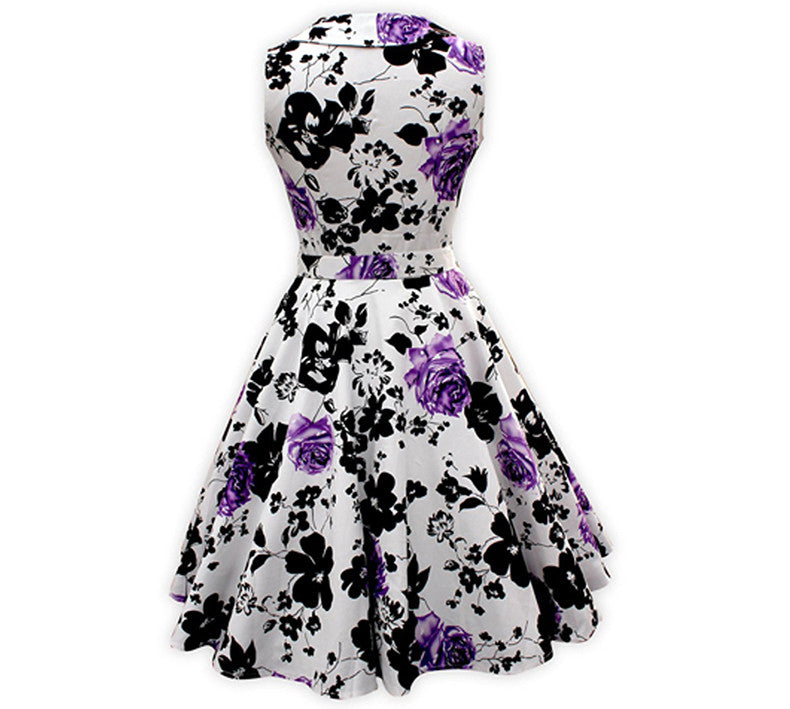 Rose Floral Print Swing Feminine Vestidos Party Audrey Dress With Belt - Sins & Temptations
