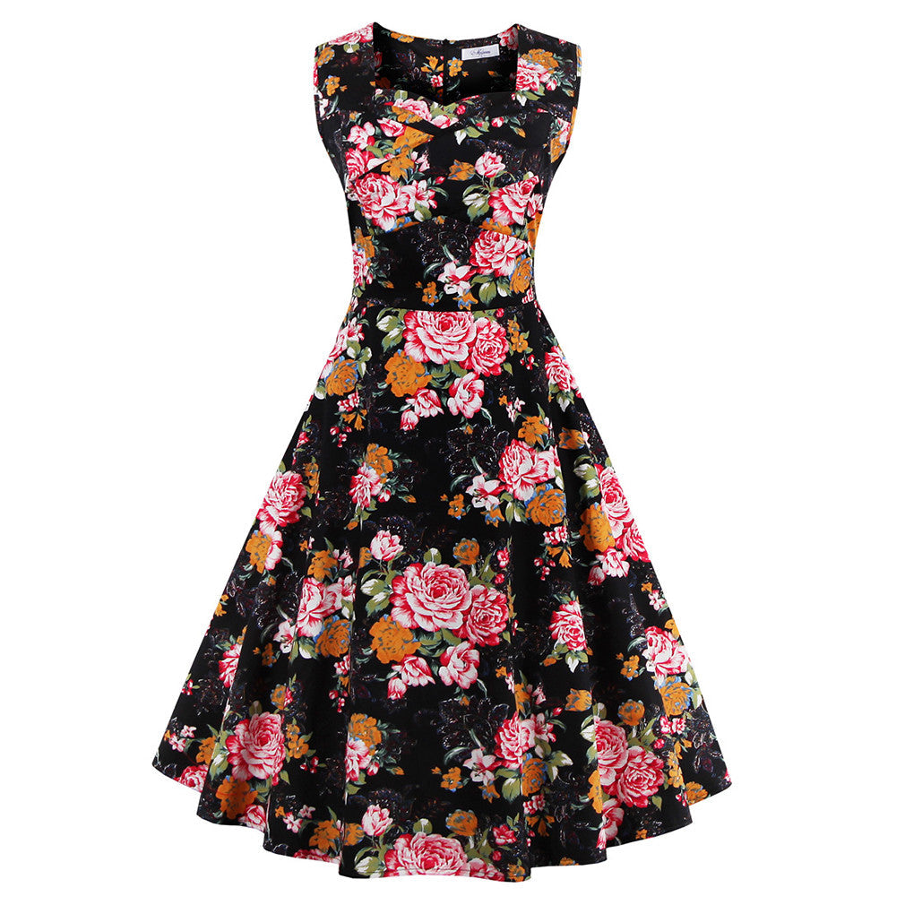 Women's Summer Dress Floral Print Retro Vintage Dress Elegant Casual Party Office Dress Vestidos - Sins & Temptations