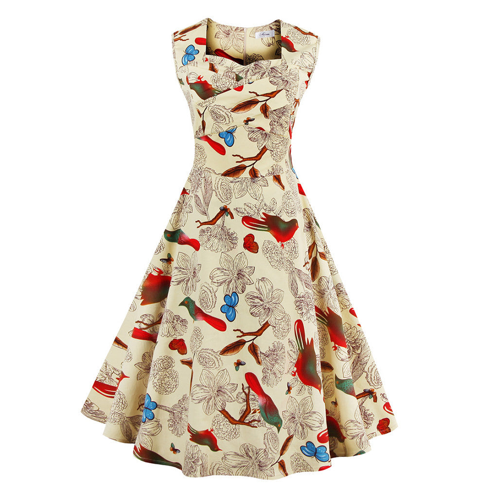 Women's Summer Dress Floral Print Retro Vintage Dress Elegant Casual Party Office Dress Vestidos - Sins & Temptations