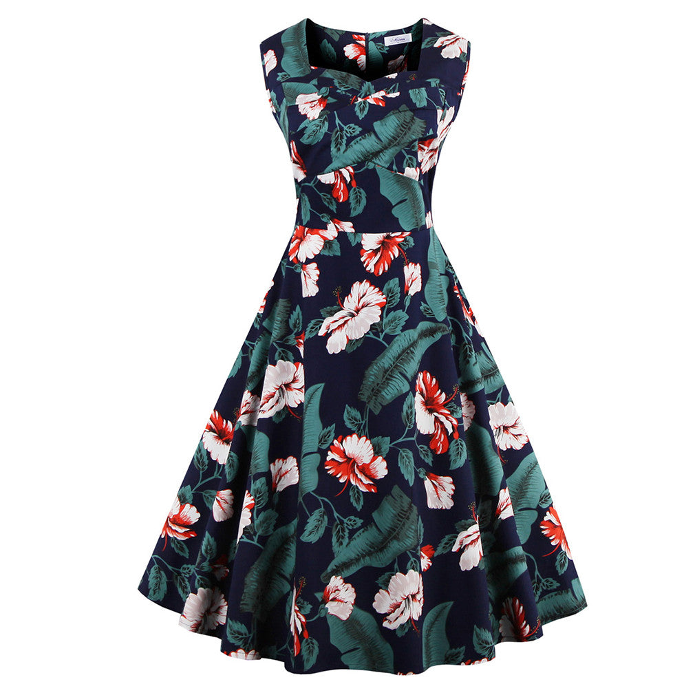Women's Summer Dress Floral Print Retro Vintage Dress Elegant Casual Party Office Dress Vestidos - Sins & Temptations