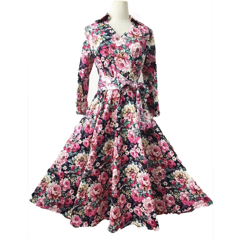 Vestidos Robe Full Sleeves Floral Print Elegant Retro Dress - Sins & Temptations