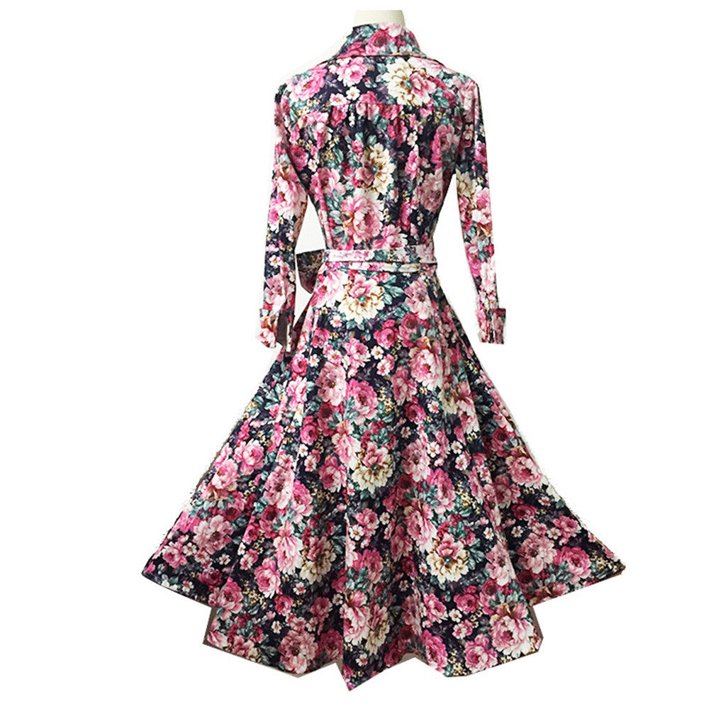Vestidos Robe Full Sleeves Floral Print Elegant Retro Dress - Sins & Temptations
