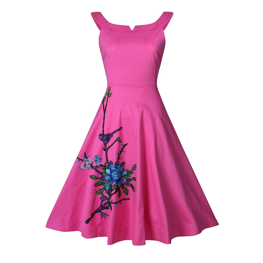 Scoop Neckline Hepburn Style Embroidery Floral Pattern One Piece Dress - Sins & Temptations