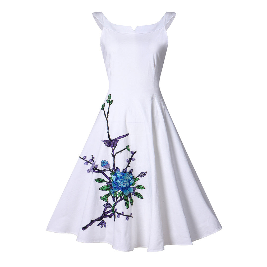 Scoop Neckline Hepburn Style Embroidery Floral Pattern One Piece Dress - Sins & Temptations