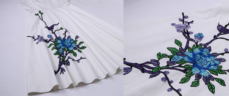 Scoop Neckline Hepburn Style Embroidery Floral Pattern One Piece Dress - Sins & Temptations