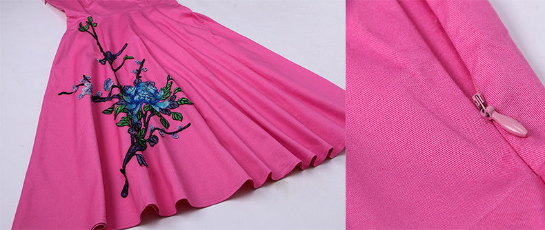 Scoop Neckline Hepburn Style Embroidery Floral Pattern One Piece Dress - Sins & Temptations