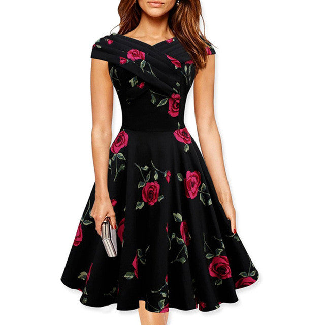 Elegant Rose floral Print Retro Dress Plus Size Party Female Vestidos - Sins & Temptations