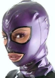 Catwomen Purple Metallic Rubber Latex Fetish Hood Latex Sexy Mask With Trim Around Back Zipped - Sins & Temptations