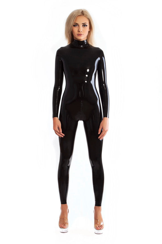 Pure Latex Catsuit Black Color Rubber Zentai Suit Neck Entry Ruuber Bodysuit With Crotch Zip - Sins & Temptations