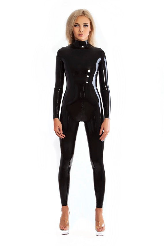 Pure Latex Catsuit Black Color Rubber Zentai Suit Neck Entry Ruuber Bodysuit With Crotch Zip - Sins & Temptations