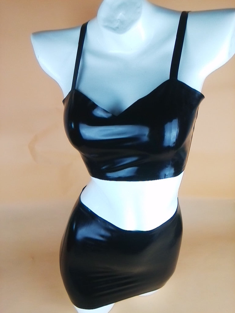 Black Patent Leather Pure Latex Dress Rubber Catsuit Two Piece Suit Sexy Bodysuit - Sins & Temptations