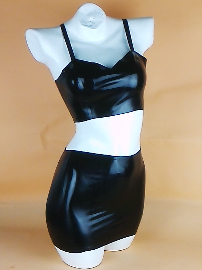 Black Patent Leather Pure Latex Dress Rubber Catsuit Two Piece Suit Sexy Bodysuit - Sins & Temptations