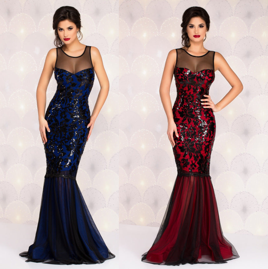 Women Party Evening Sequined Mermaid Dress Female O-neck Sleeve Vestido Maxi Dress