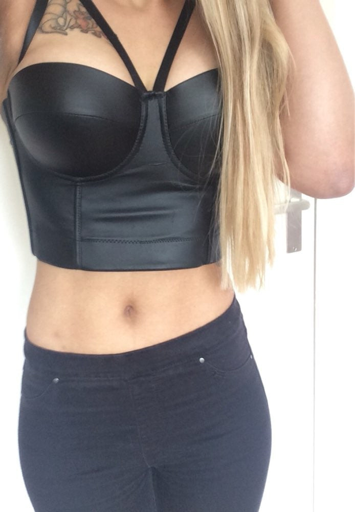 New Matt PU Leather Cut Cross Bralette Women's Bustier - Sins & Temptations