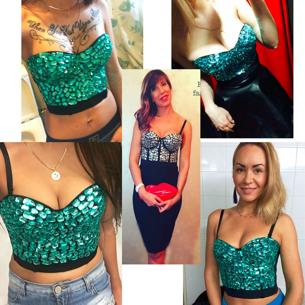 Hand-made Beaded Rhinestone Bustier Pearls Push Up Night Club Bralette - Sins & Temptations