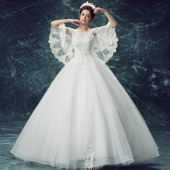 White sequined batwing sleeve women princess bridesmaid banquet party wedding bridal dress gown