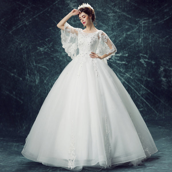 White sequined batwing sleeve women princess bridesmaid banquet party wedding bridal dress gown
