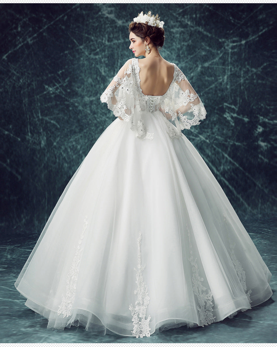 White sequined batwing sleeve women princess bridesmaid banquet party wedding bridal dress gown