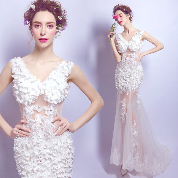 White flowers transparent sexy women princess bridesmaid banquet party wedding bridal dress gown