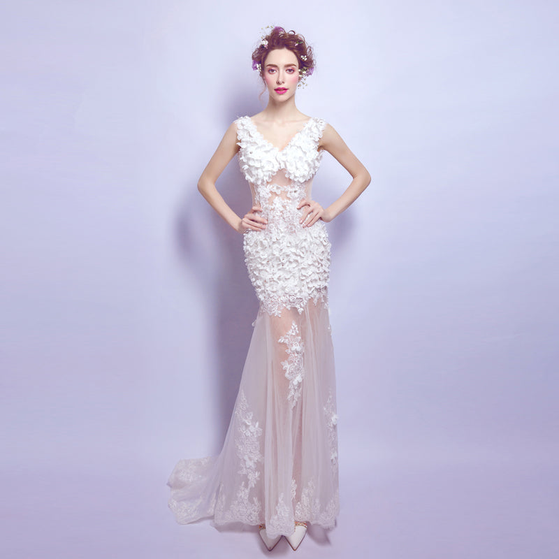 White flowers transparent sexy women princess bridesmaid banquet party wedding bridal dress gown