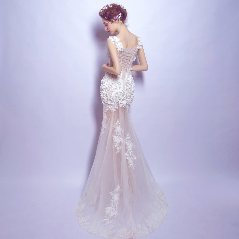 White flowers transparent sexy women princess bridesmaid banquet party wedding bridal dress gown