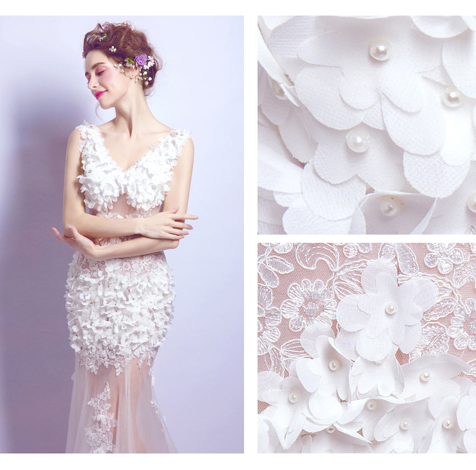 White flowers transparent sexy women princess bridesmaid banquet party wedding bridal dress gown