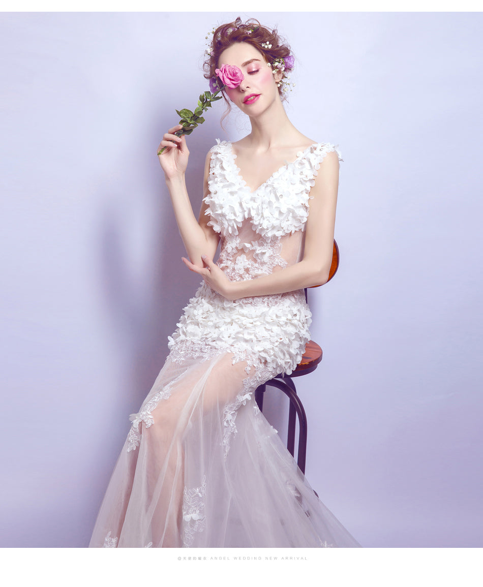 White flowers transparent sexy women princess bridesmaid banquet party wedding bridal dress gown