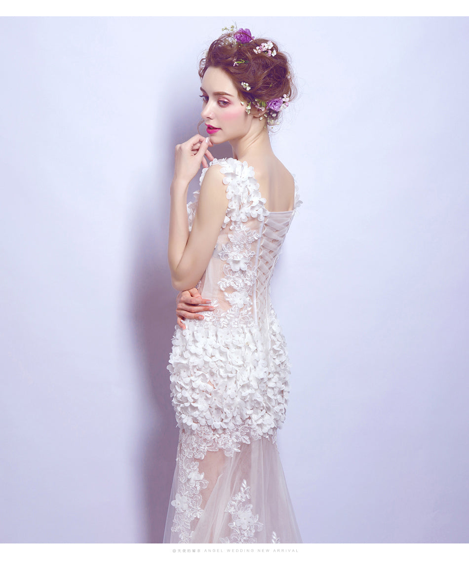 White flowers transparent sexy women princess bridesmaid banquet party wedding bridal dress gown
