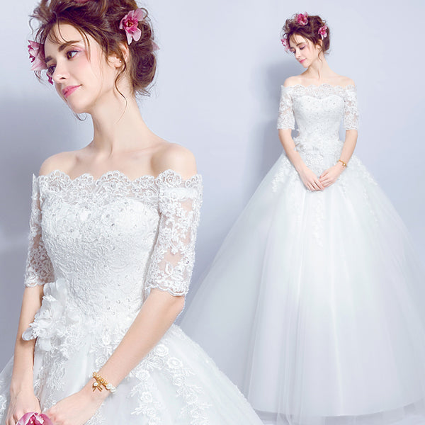 Half sleeve boat neck women princess bridesmaid banquet party wedding bridal dress gown