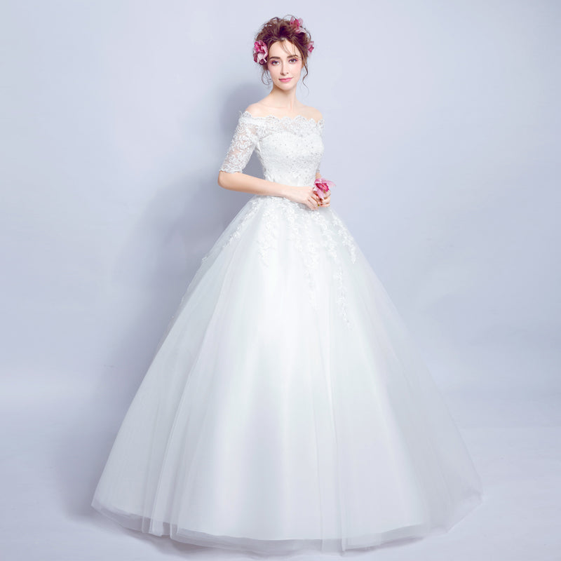 Half sleeve boat neck women princess bridesmaid banquet party wedding bridal dress gown