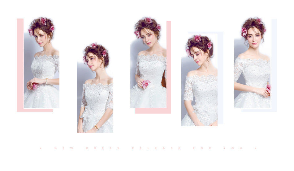 Half sleeve boat neck women princess bridesmaid banquet party wedding bridal dress gown