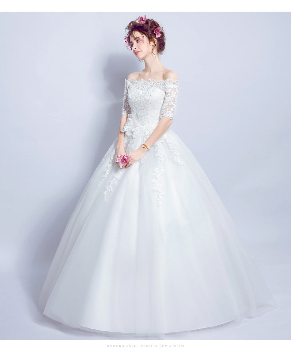 Half sleeve boat neck women princess bridesmaid banquet party wedding bridal dress gown