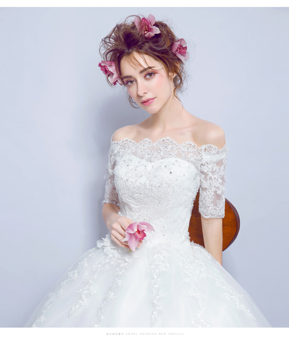 Half sleeve boat neck women princess bridesmaid banquet party wedding bridal dress gown