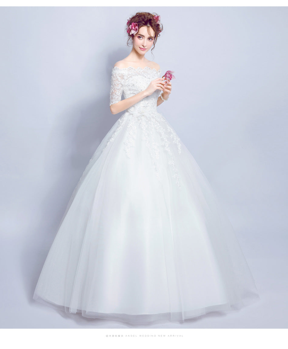 Half sleeve boat neck women princess bridesmaid banquet party wedding bridal dress gown