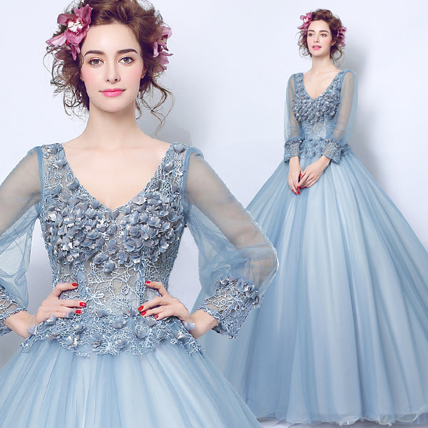 Sexy blue deep V Full sleeve women princess bridesmaid banquet party wedding bridal dress gown