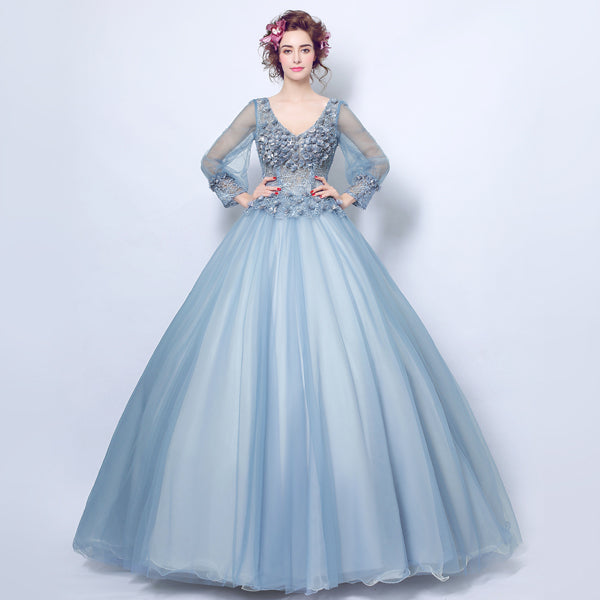 Sexy blue deep V Full sleeve women princess bridesmaid banquet party wedding bridal dress gown