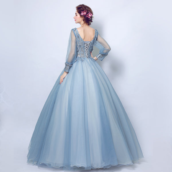 Sexy blue deep V Full sleeve women princess bridesmaid banquet party wedding bridal dress gown