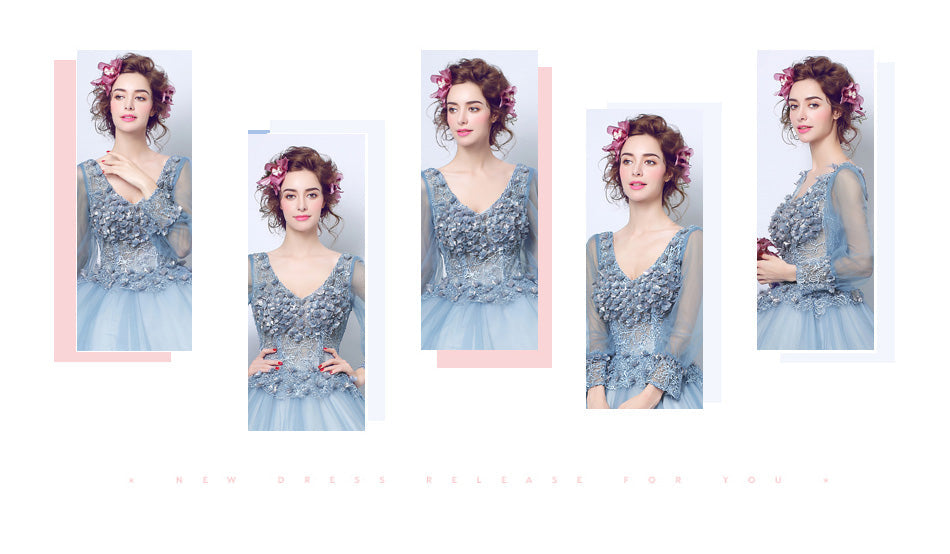 Sexy blue deep V Full sleeve women princess bridesmaid banquet party wedding bridal dress gown