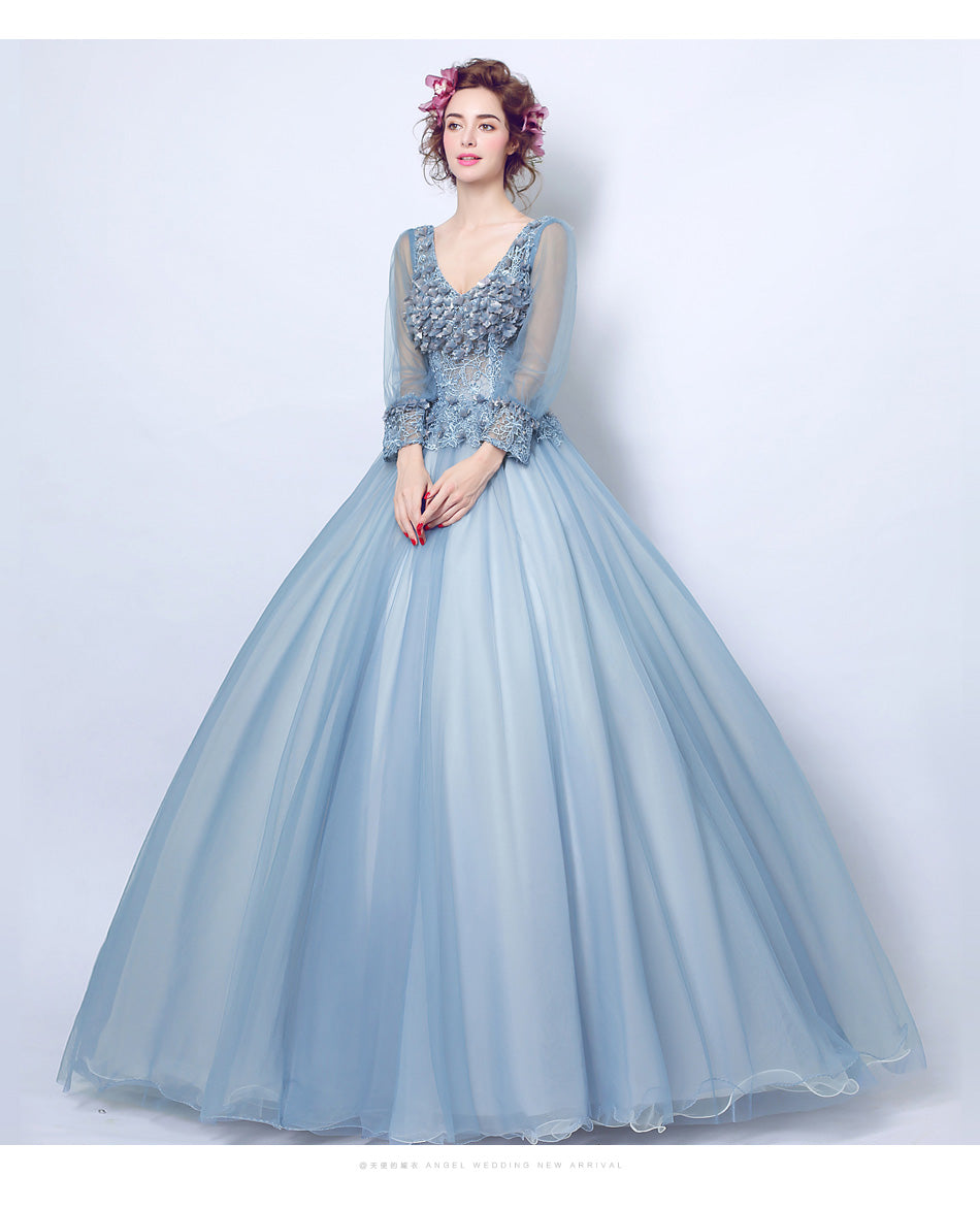 Sexy blue deep V Full sleeve women princess bridesmaid banquet party wedding bridal dress gown