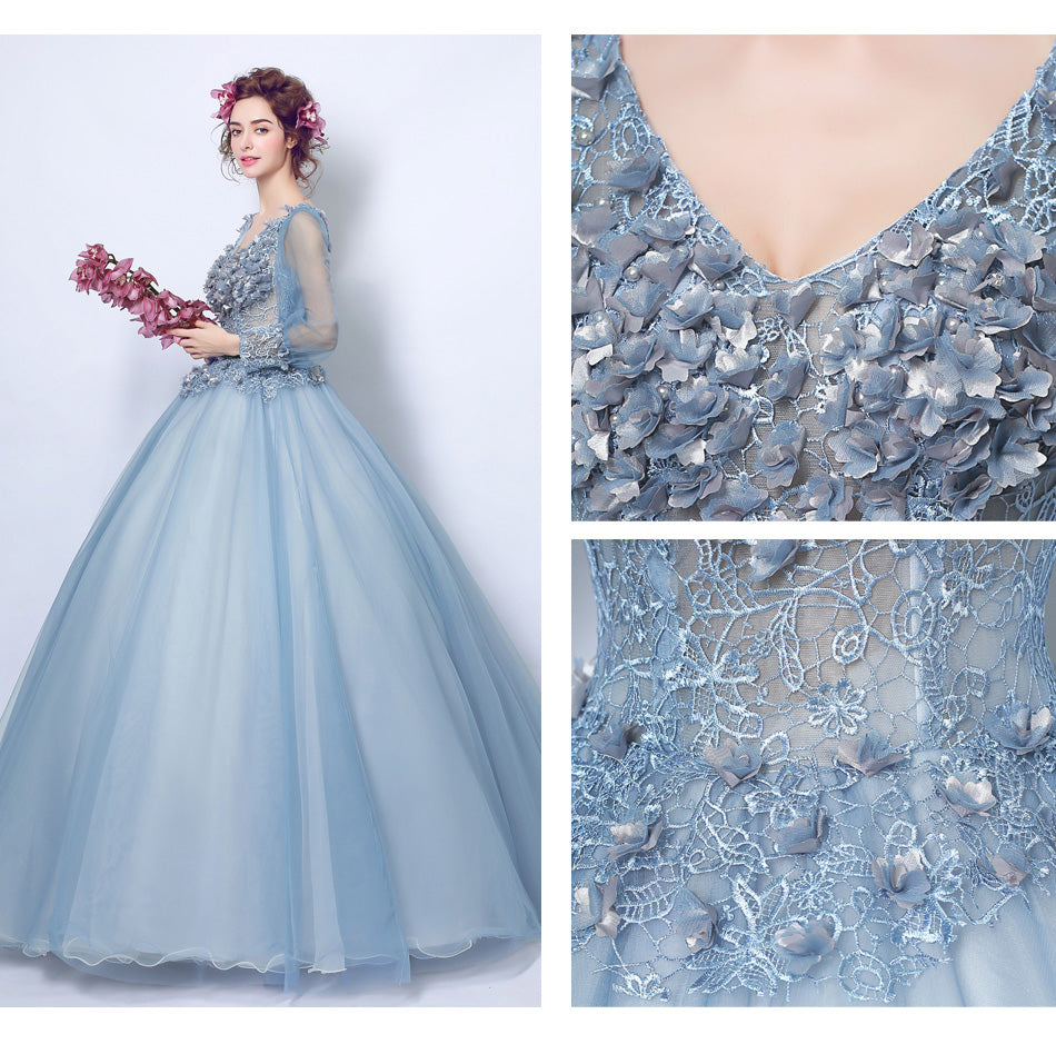 Sexy blue deep V Full sleeve women princess bridesmaid banquet party wedding bridal dress gown