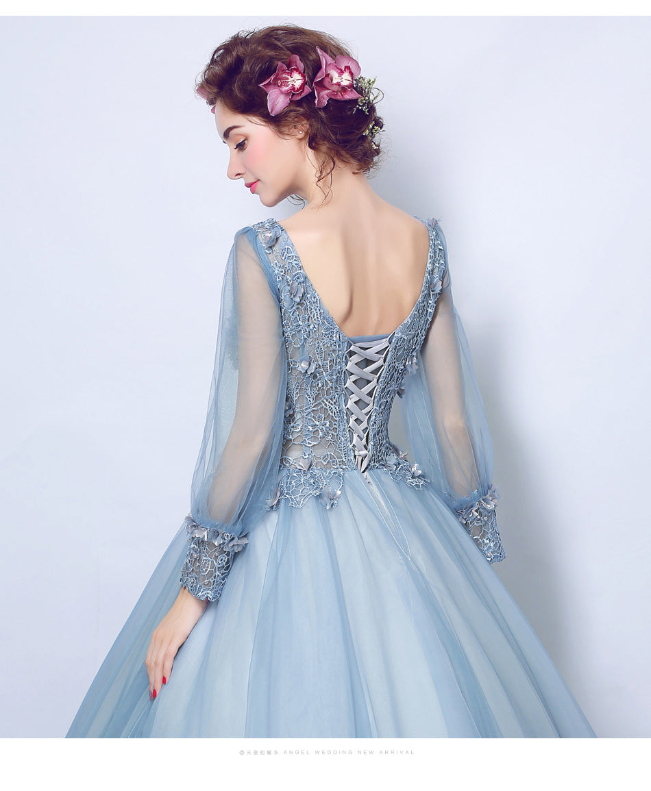 Sexy blue deep V Full sleeve women princess bridesmaid banquet party wedding bridal dress gown