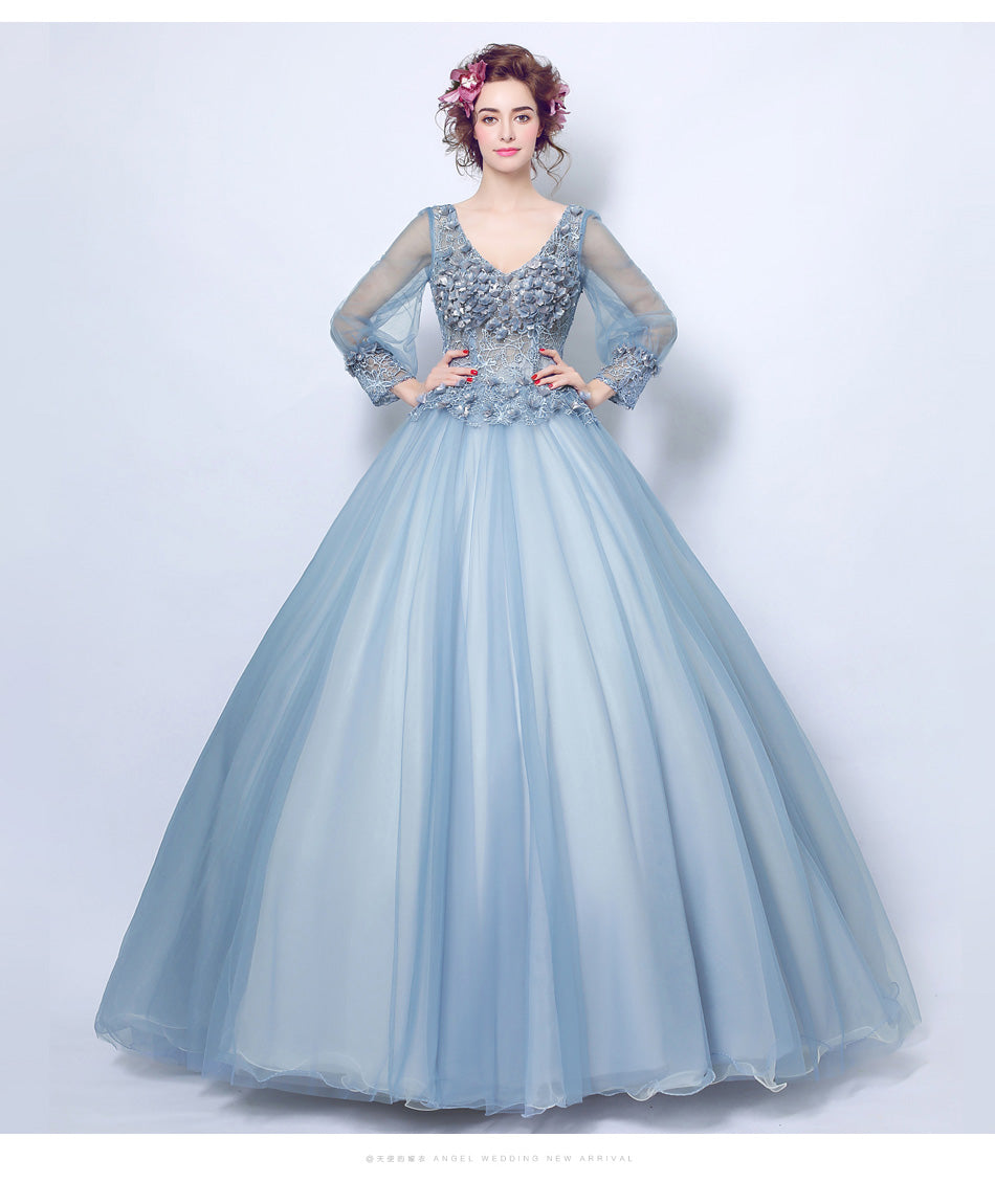 Sexy blue deep V Full sleeve women princess bridesmaid banquet party wedding bridal dress gown