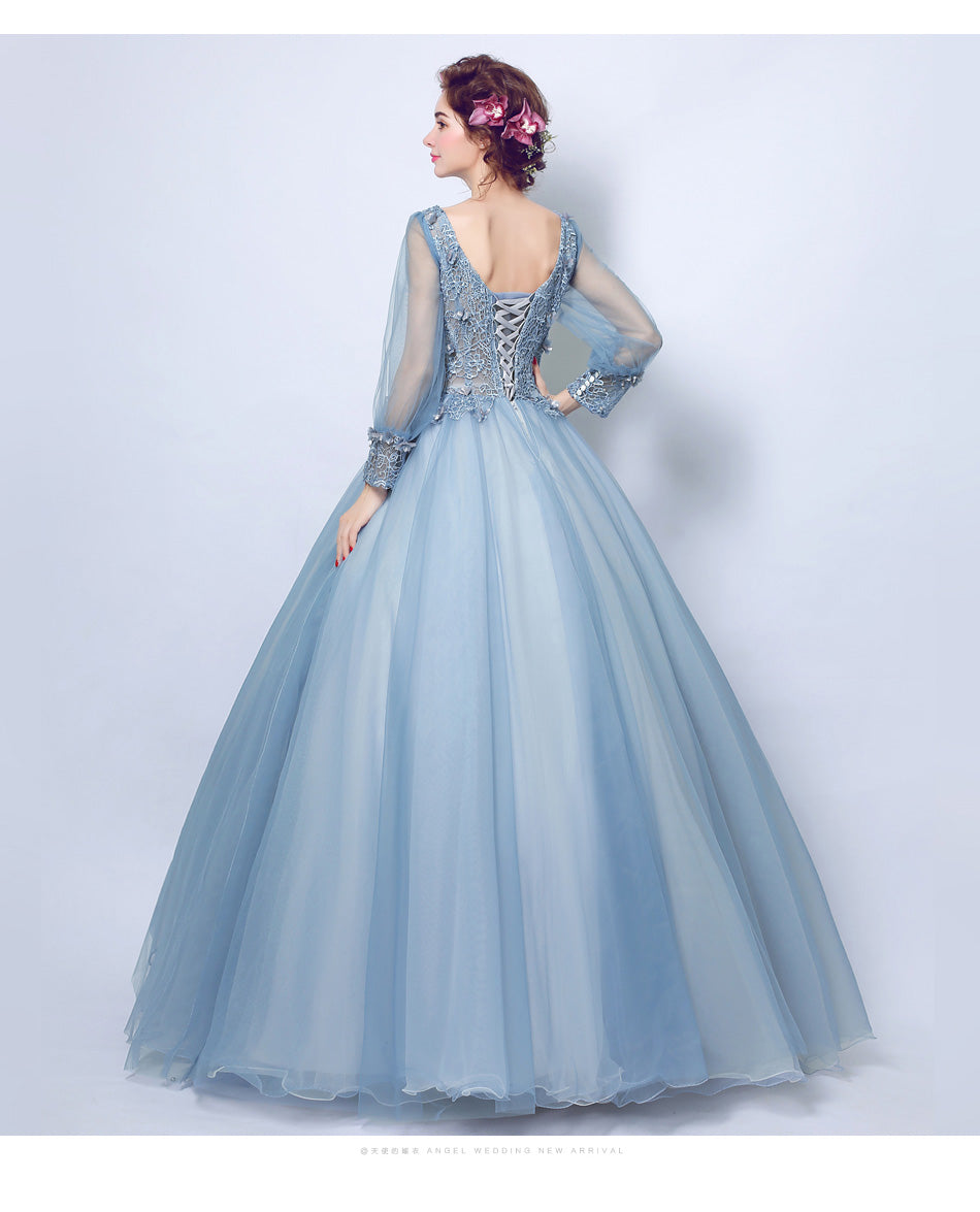 Sexy blue deep V Full sleeve women princess bridesmaid banquet party wedding bridal dress gown